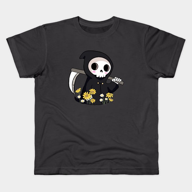 Cute grim reaper with daisy flowers Kids T-Shirt by Yarafantasyart